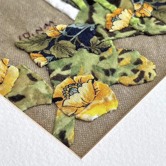 Fabric Collage by Wilda Northrop Yellow Flowers & Pear Signed Textile Art Floral - Picture 8 of 16